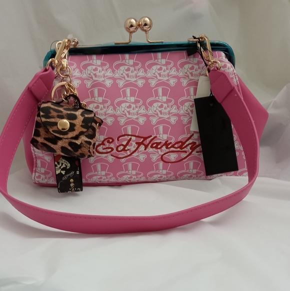 Ed Hardy Pink Rhinestone Siberia Hill Tiger Kiss Lock Frame Tattoo Charm Satchel - Picture 13 of 15